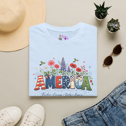 America (Floral) Freedom Courage Unity Legacy Adult T-shirt
