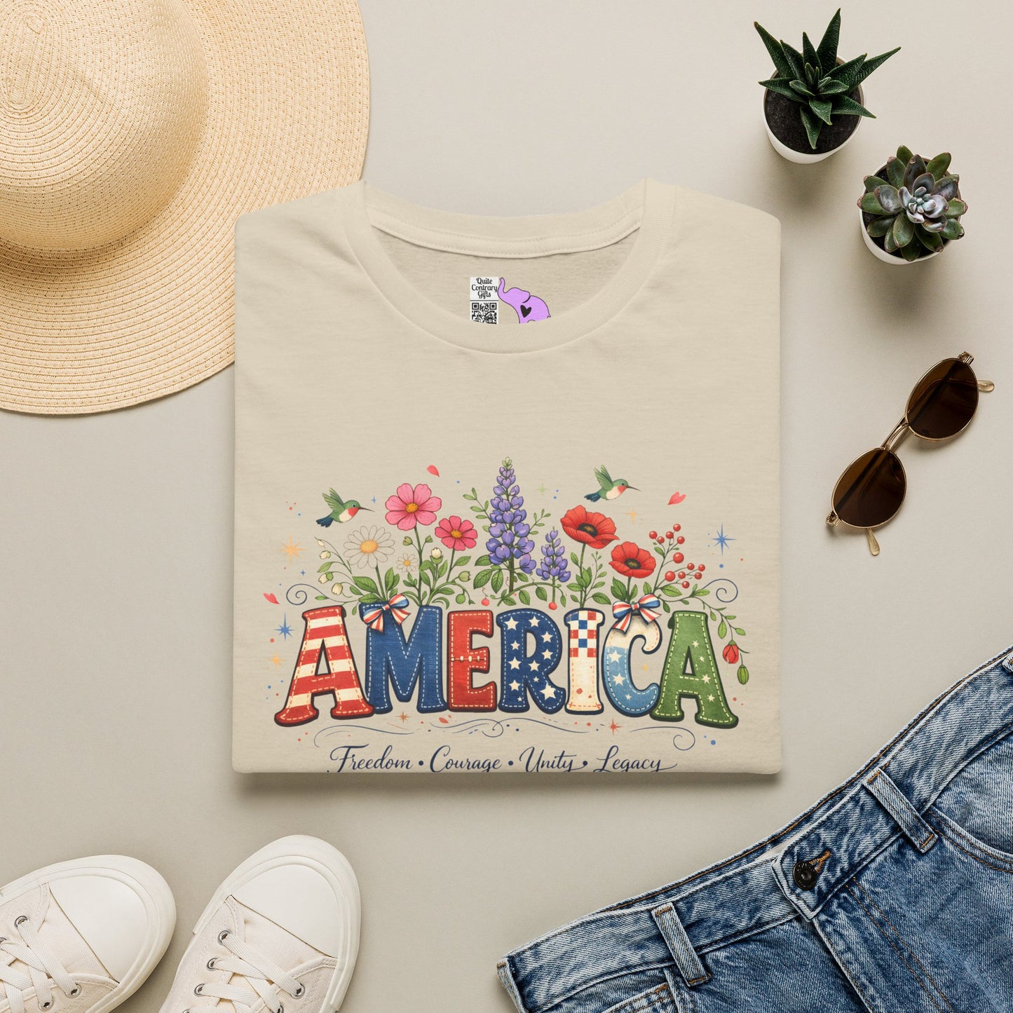 America (Floral) Freedom Courage Unity Legacy Adult T-shirt