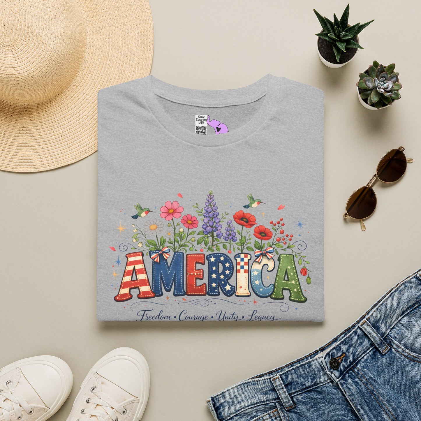 America (Floral) Freedom Courage Unity Legacy Adult T-shirt