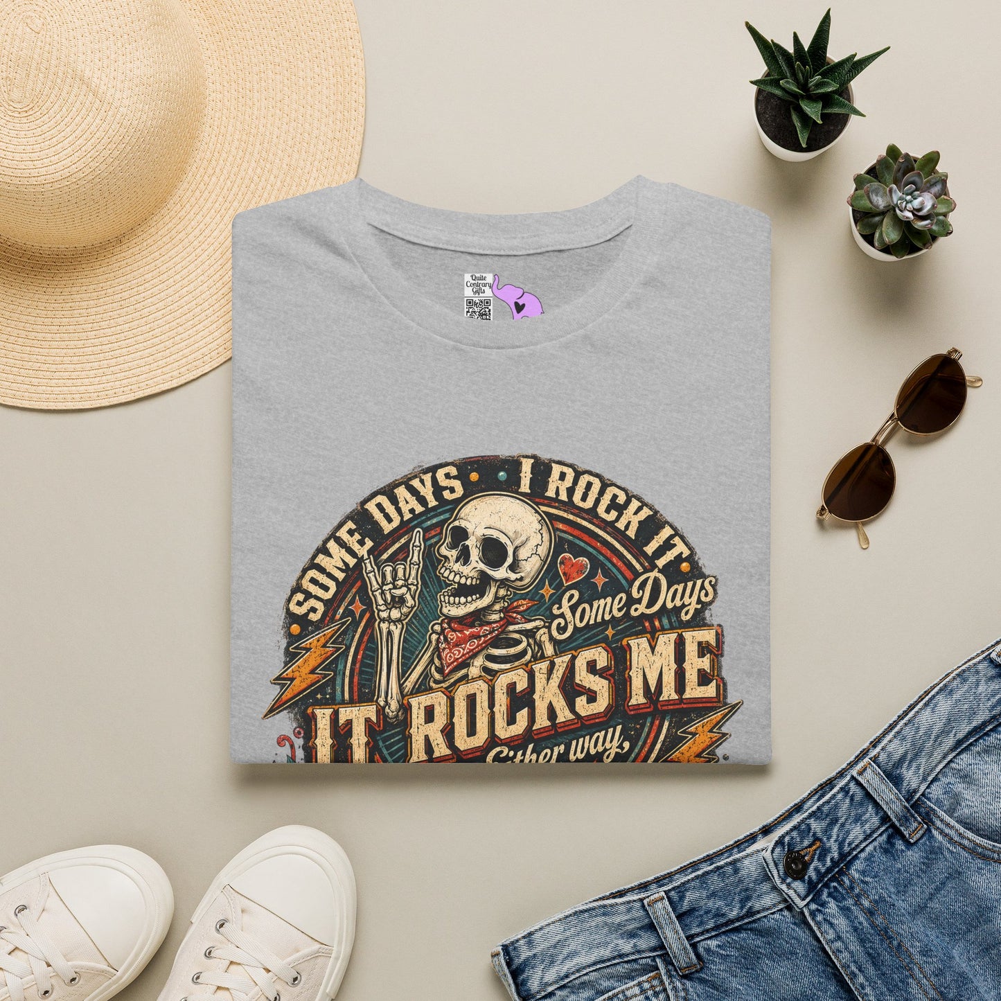 Some Days I Rock It Some Days It Rocks Me Either Way We're Rockin' Fatherhood Adult T-shirt