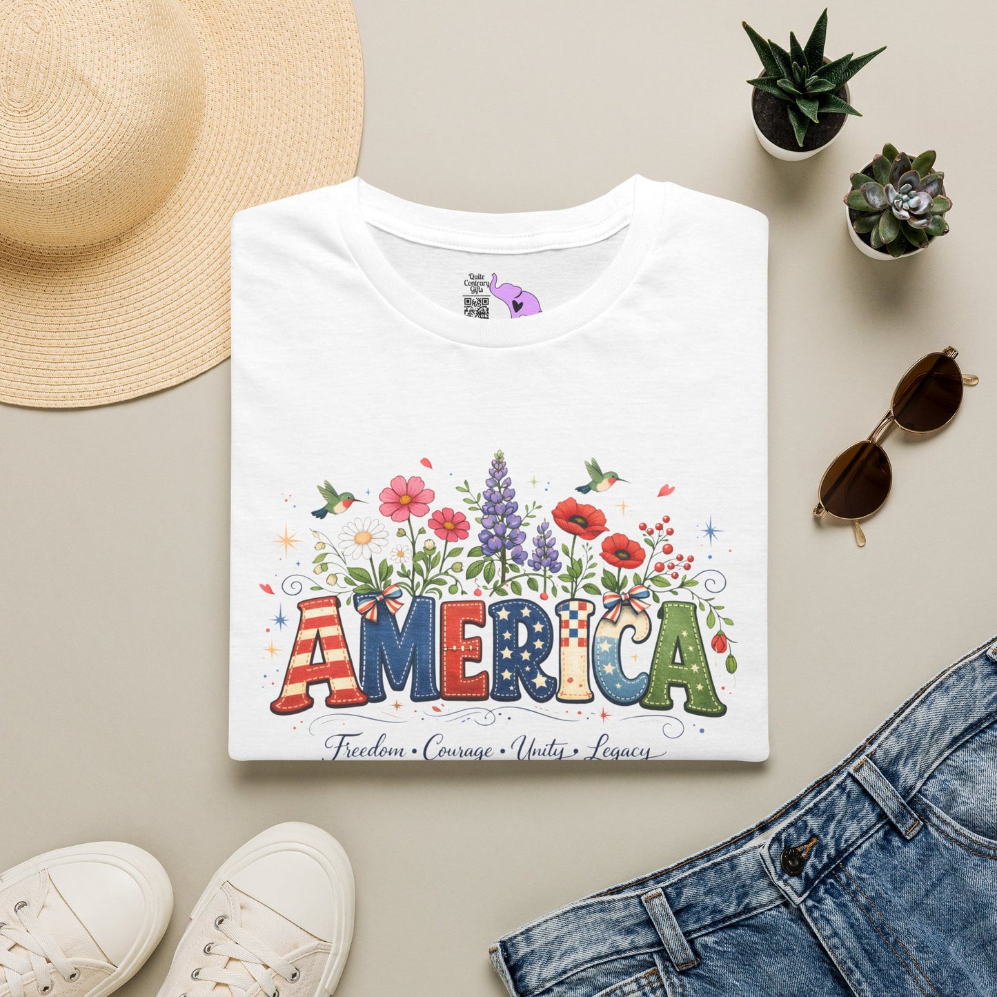 America (Floral) Freedom Courage Unity Legacy Adult T-shirt