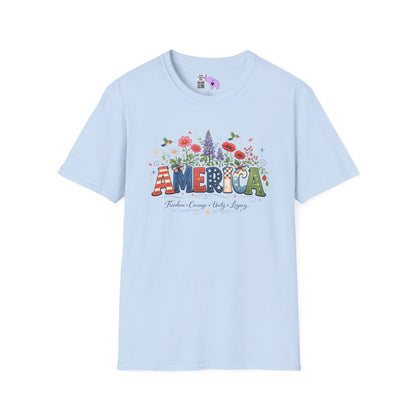 America (Floral) Freedom Courage Unity Legacy Adult T-shirt