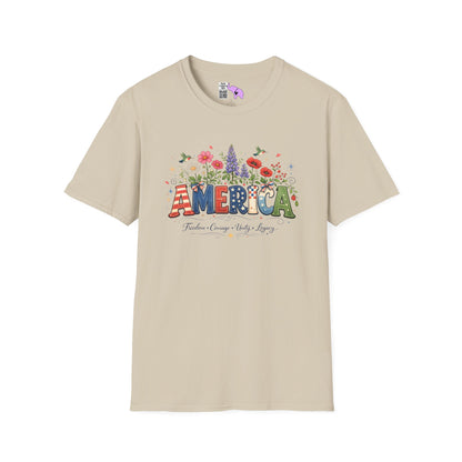 America (Floral) Freedom Courage Unity Legacy Adult T-shirt