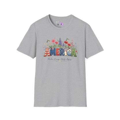 America (Floral) Freedom Courage Unity Legacy Adult T-shirt