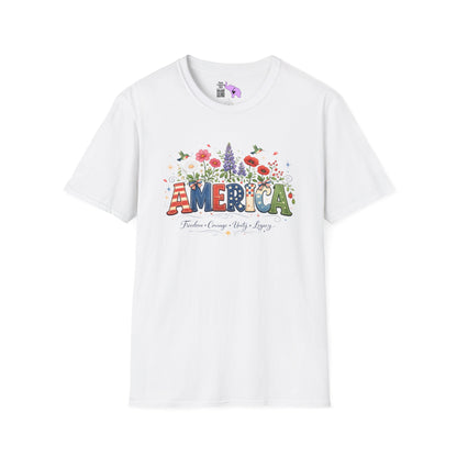 America (Floral) Freedom Courage Unity Legacy Adult T-shirt