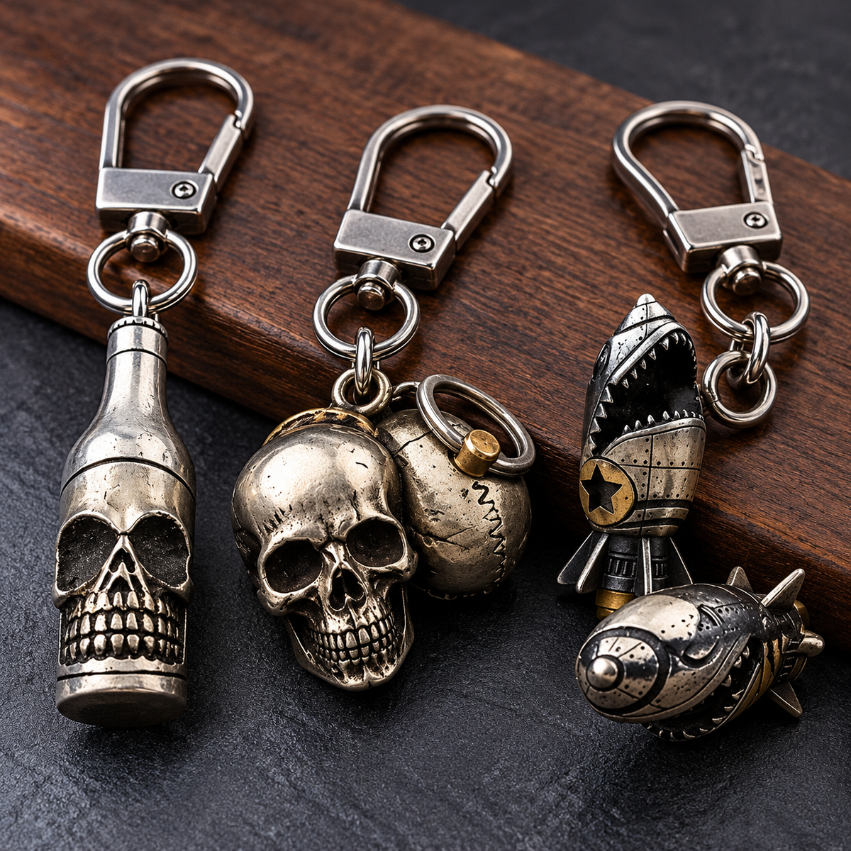 Gothic Skull & Novelty Metal Keychains – Shark Rocket, Skull, and Skull Bottle Designs