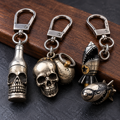 Gothic Skull & Novelty Metal Keychains – Shark Rocket, Skull, and Skull Bottle Designs