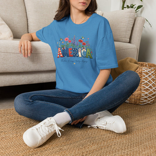 America (Floral) Freedom Courage Unity Legacy Adult T-shirt