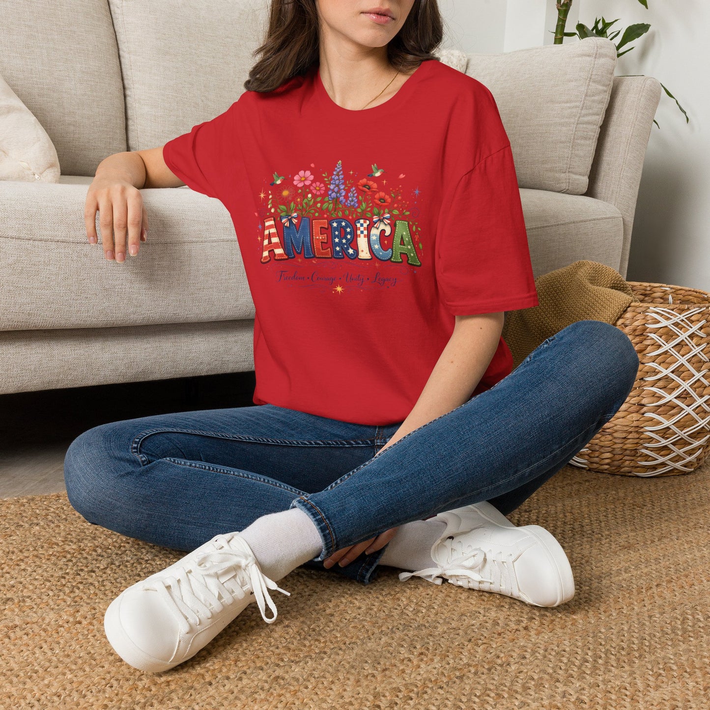 America (Floral) Freedom Courage Unity Legacy Adult T-shirt
