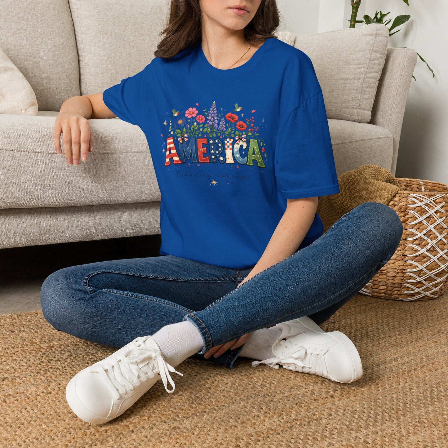 America (Floral) Freedom Courage Unity Legacy Adult T-shirt