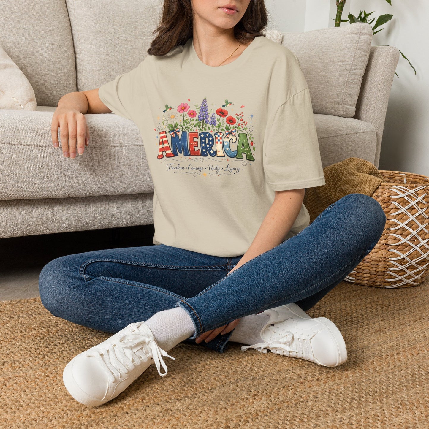America (Floral) Freedom Courage Unity Legacy Adult T-shirt