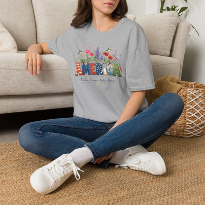 America (Floral) Freedom Courage Unity Legacy Adult T-shirt