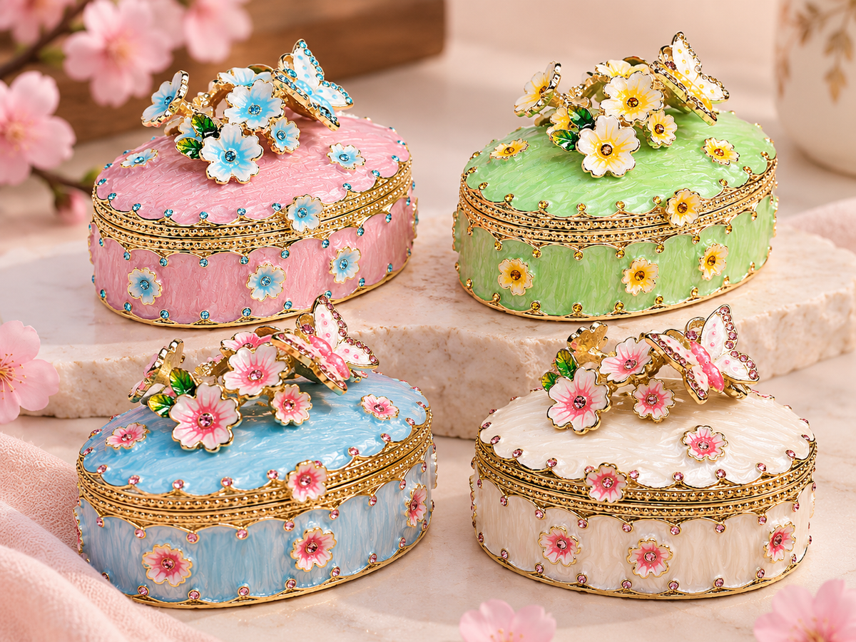 Enamel Cherry Blossom Trinket Box – Hand-Painted Floral Jewelry Storage Keepsake