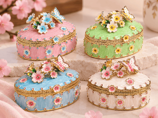 Enamel Cherry Blossom Trinket Box – Hand-Painted Floral Jewelry Storage Keepsake