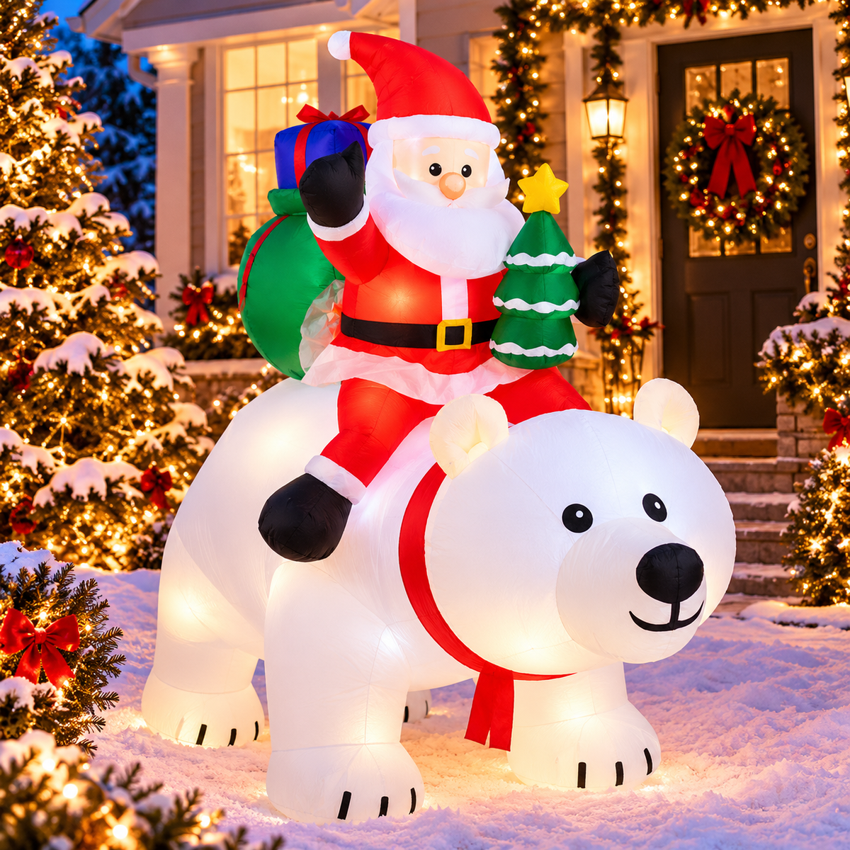 5.6 FT Santa Claus Riding a Polar Bear Christmas Inflatable Decoration
