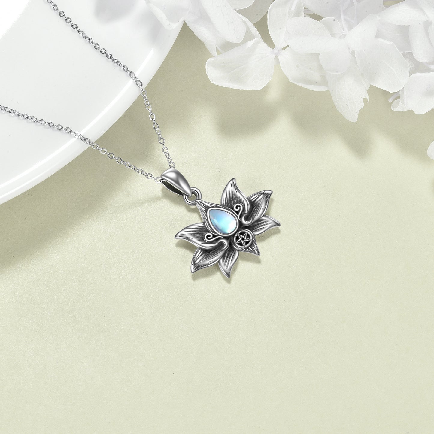 Triple Moon Goddess & Lotus Pendant with Moonstone Sterling Silver Necklace