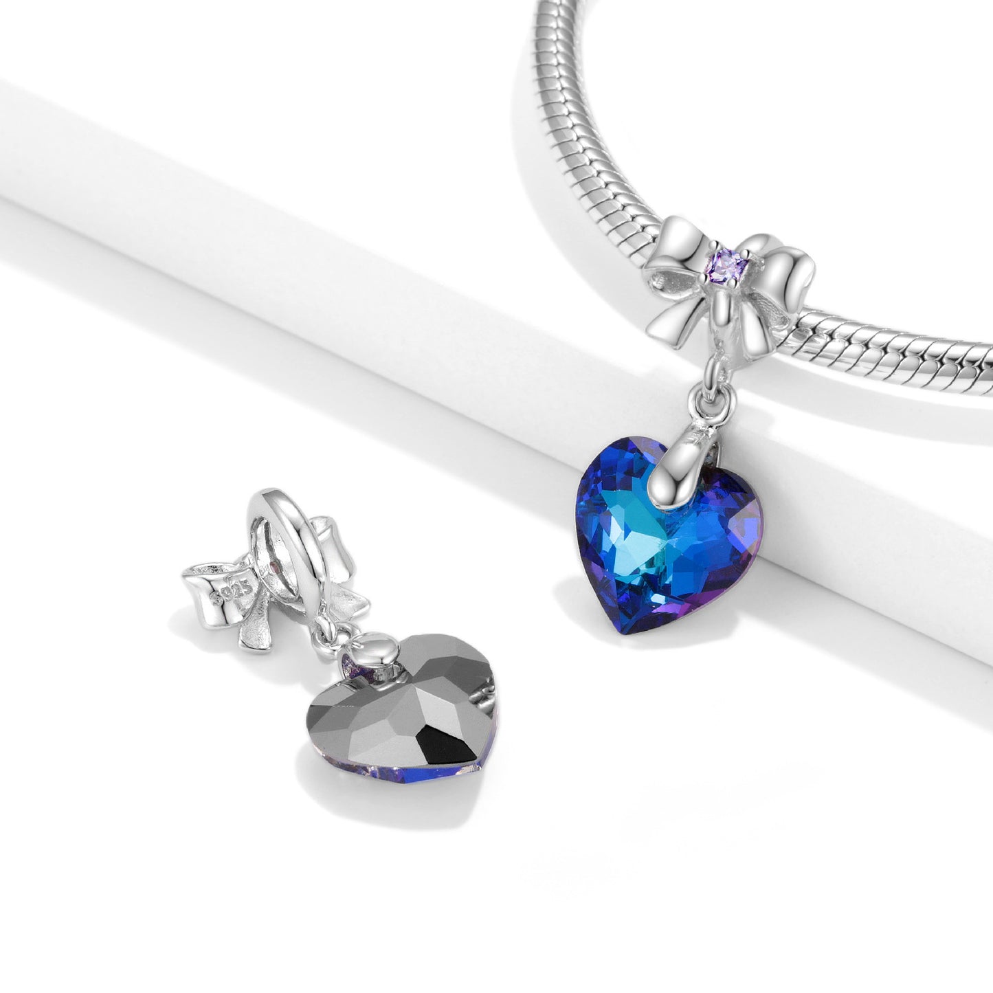 Vibrant Blue Heart-shaped Crystal Sterling Silver 925 Bowknot Pendant