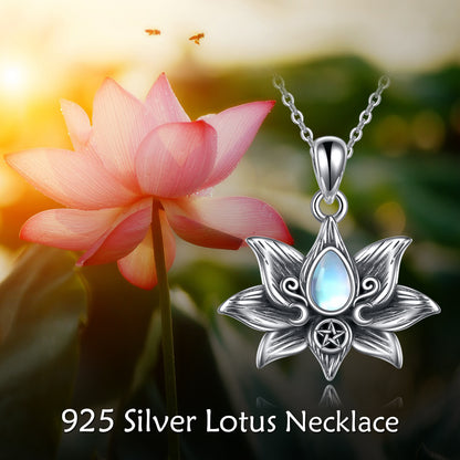 Triple Moon Goddess & Lotus Pendant with Moonstone Sterling Silver Necklace