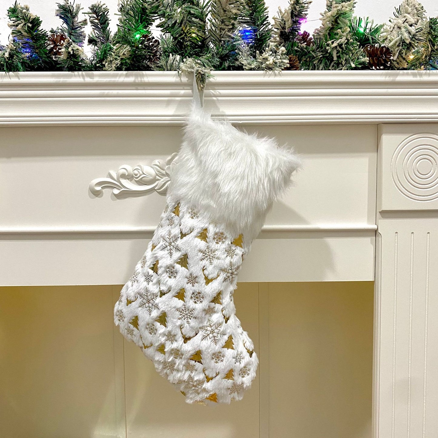 Elegant White and Gold Embroidered Christmas Stockings – 4 Festive Designs