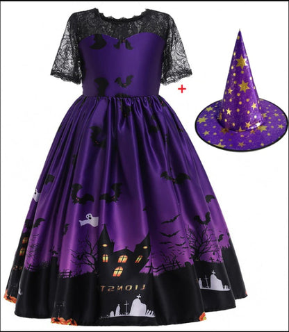 Halloween Cute Witch Dress Printed Mesh