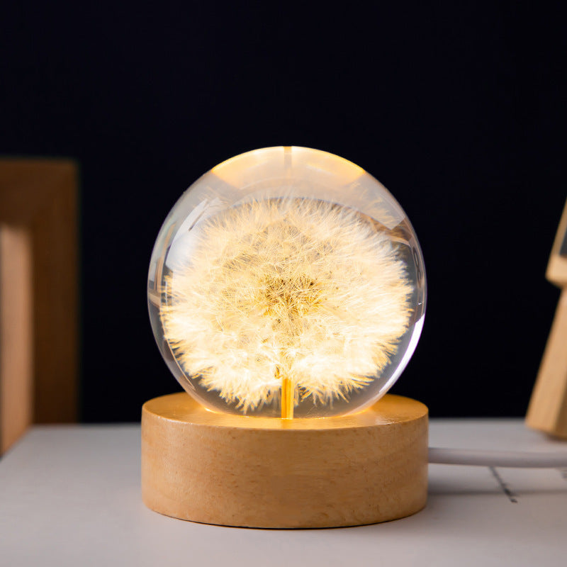 Flower Crystal Ball Night Lamp With Wooden Base