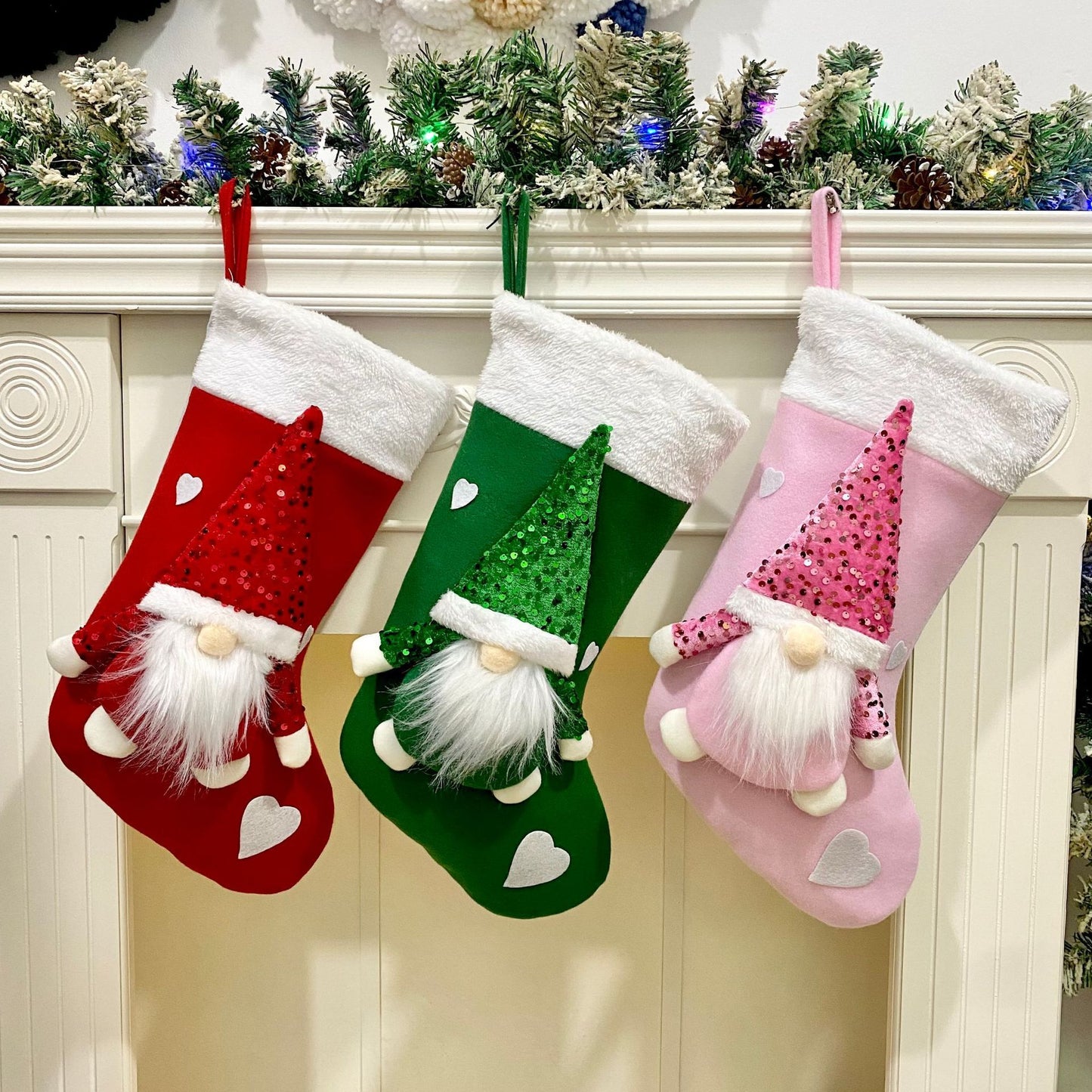 Gnome Christmas Stockings – 3D Plush Gnomes with Sparkling Sequin Hats