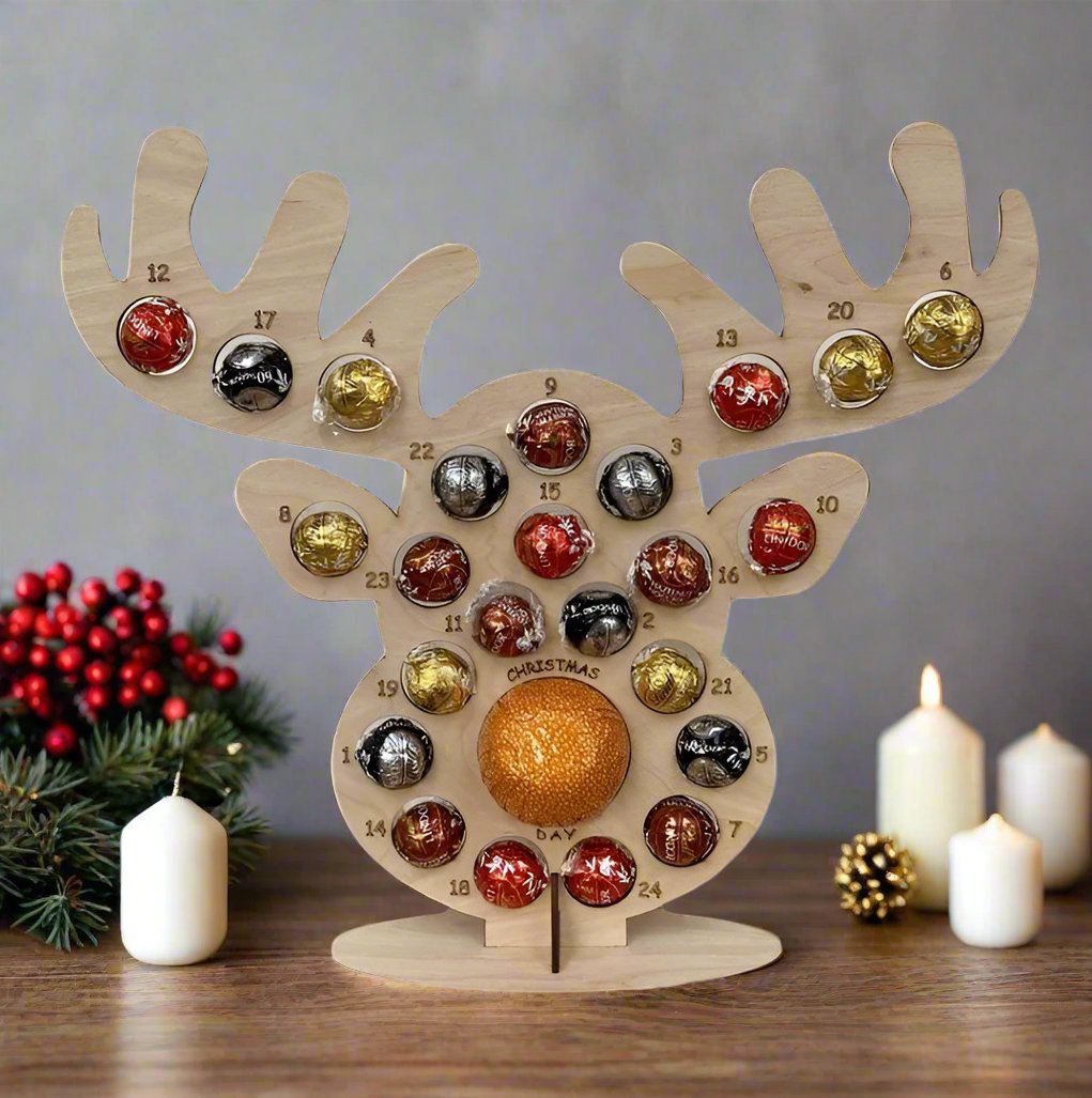 Wooden Santa or Reindeer Chocolate Candy Christmas Advent Calendar