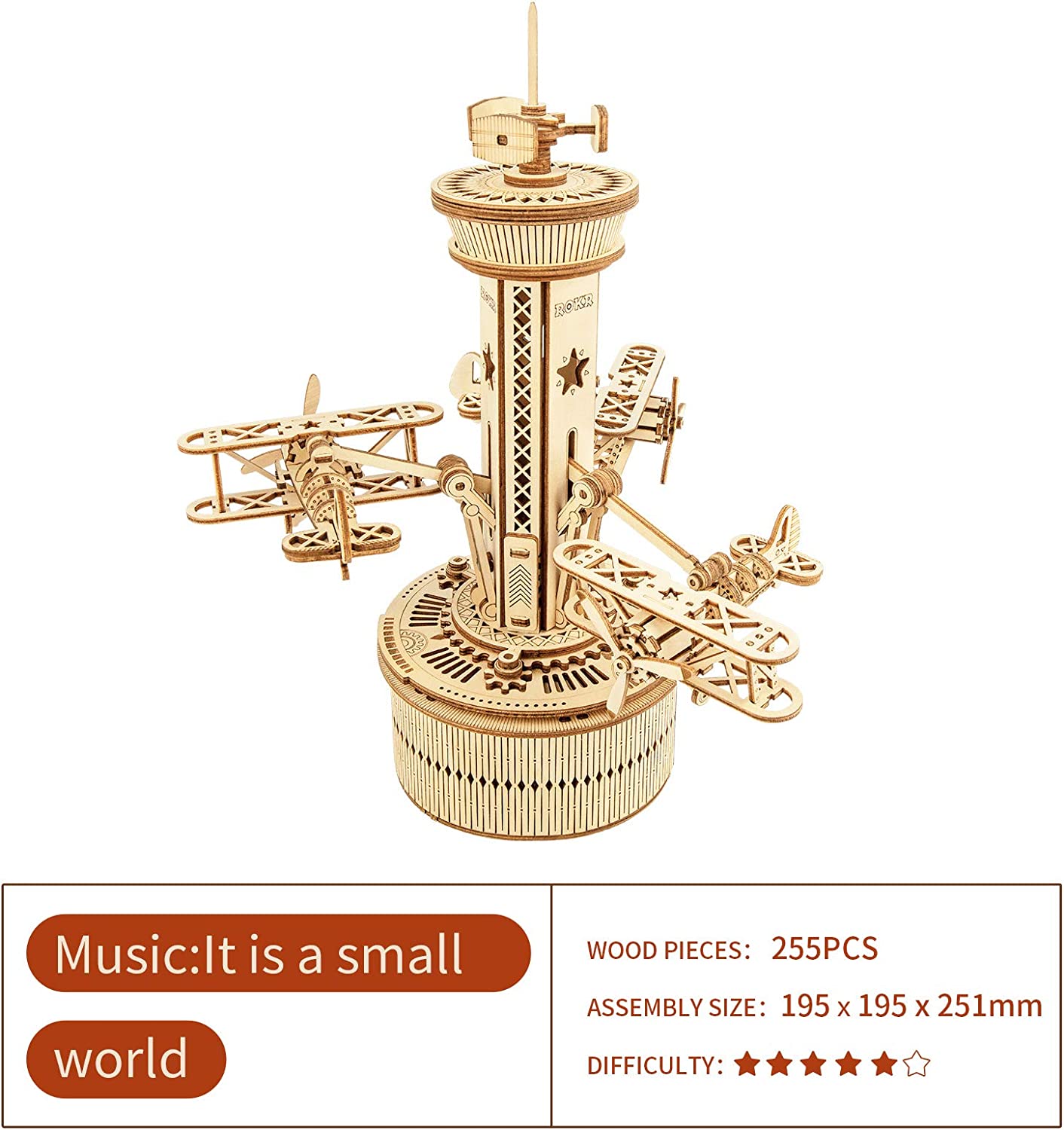 Flying Airplane Tower 3D DIY Wooden Puzzle Music Box