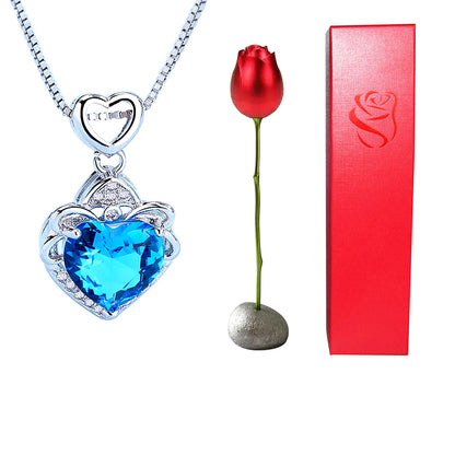 Heart Shaped Crystal Diamond Pendant Rose Head Necklace