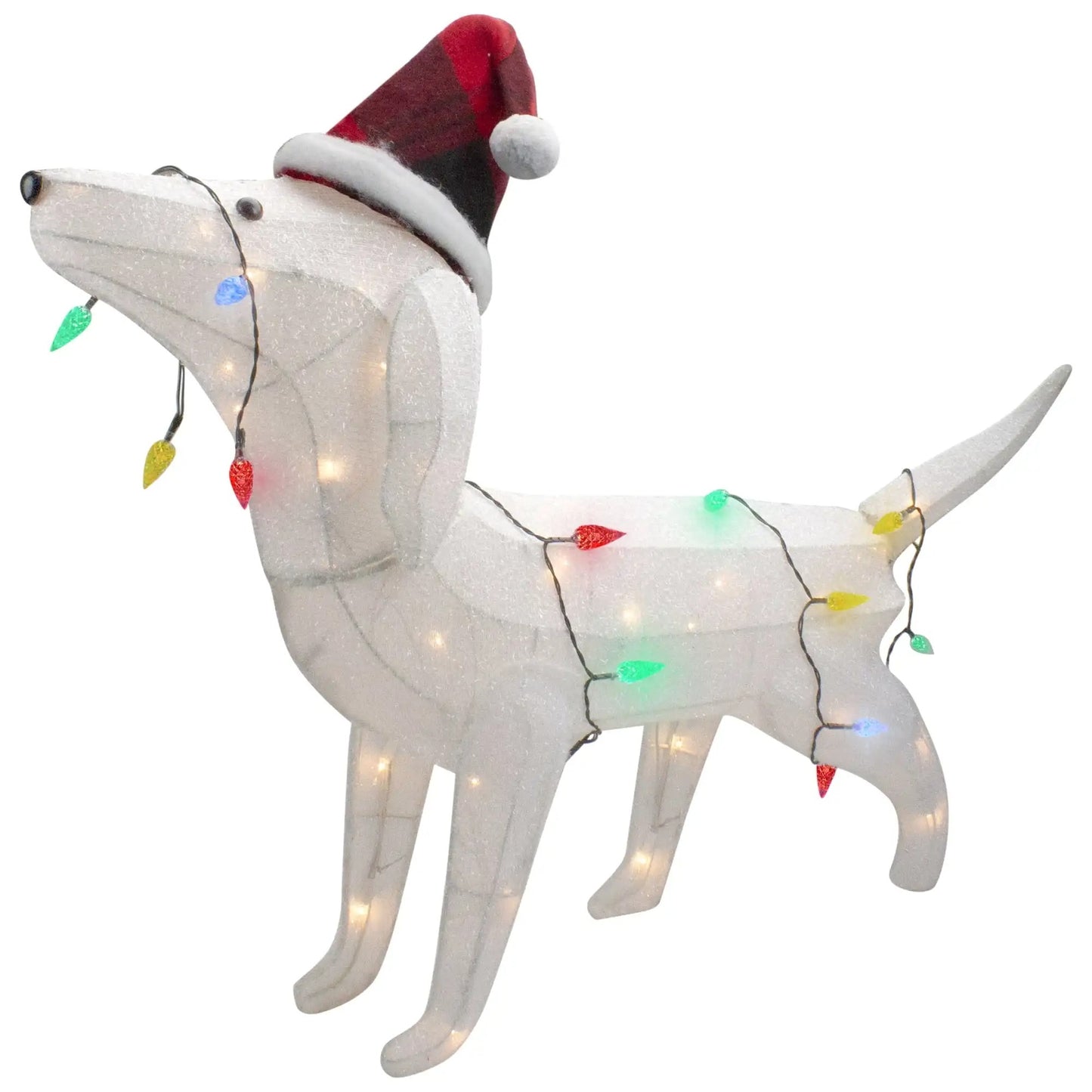 Illuminated Christmas Dog Decor – White Pup with Santa Hat