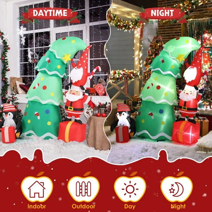 Topsy-Turvy Christmas Tree with Gnome, Santa & Penguin LED Inflatable