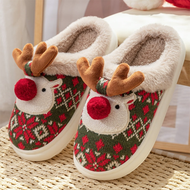 Cute Christmas Plaid Reindeer Plush House Slippers