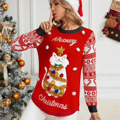 Christmas Cartoon Kitten Embroidered Sweater