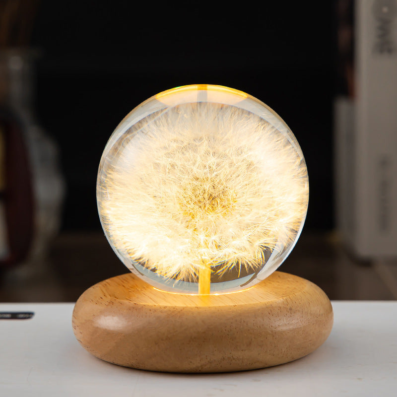 Flower Crystal Ball Night Lamp With Wooden Base