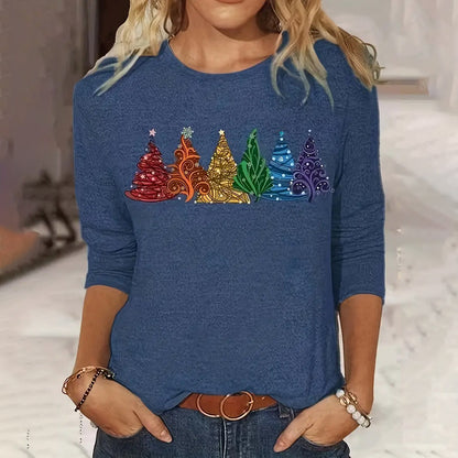 Women's Long-sleeved T-shirt Christmas Tree Printed Round Neck Loose Casual up to 6x