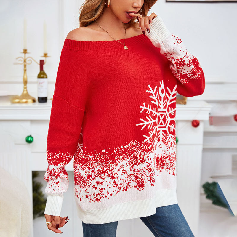 Little Snowflake Casual Off-the-shoulder Christmas Sweater for Women