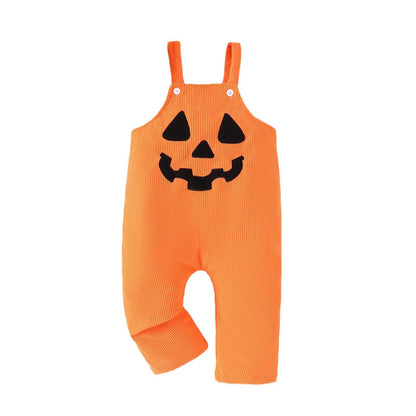 Embroidered Halloween Pumpkin Grimace Corduroy Overalls