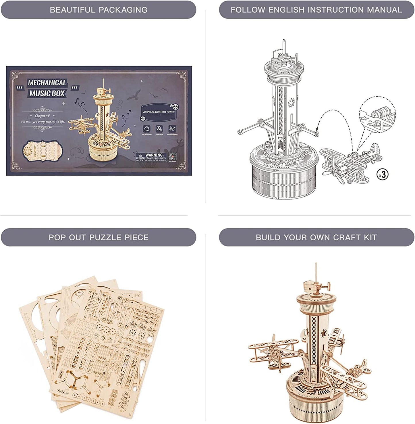 Flying Airplane Tower 3D DIY Wooden Puzzle Music Box