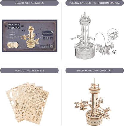 Flying Airplane Tower 3D DIY Wooden Puzzle Music Box