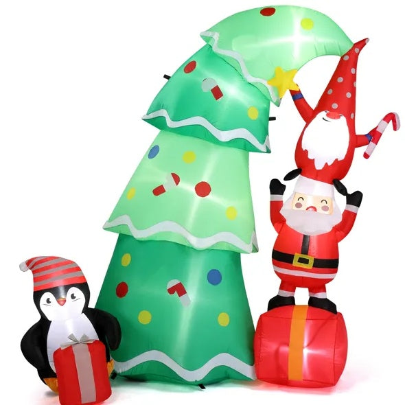 Topsy-Turvy Christmas Tree with Gnome, Santa & Penguin LED Inflatable