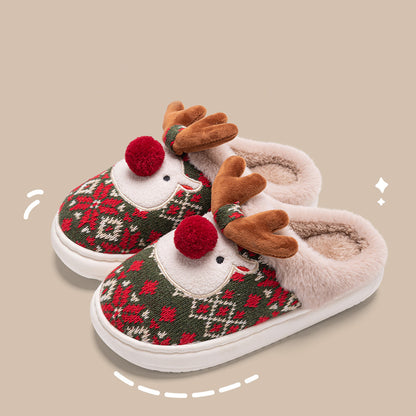 Cute Christmas Plaid Reindeer Plush House Slippers