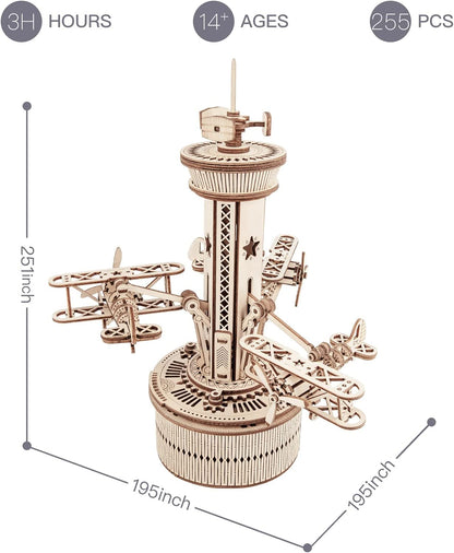 Flying Airplane Tower 3D DIY Wooden Puzzle Music Box
