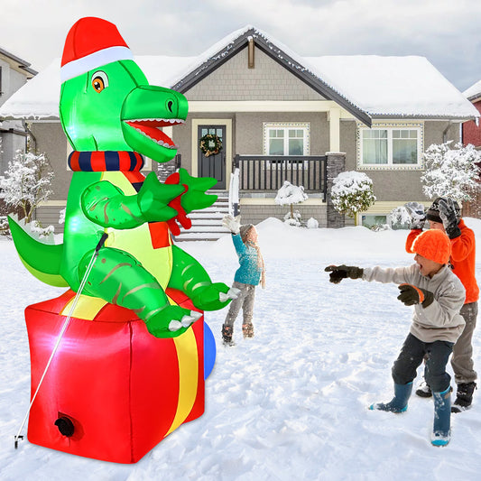 Inflatable Christmas Dinosaur on Gift Box with LED Lights