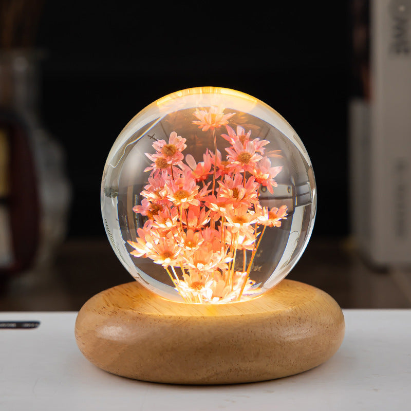 Flower Crystal Ball Night Lamp With Wooden Base