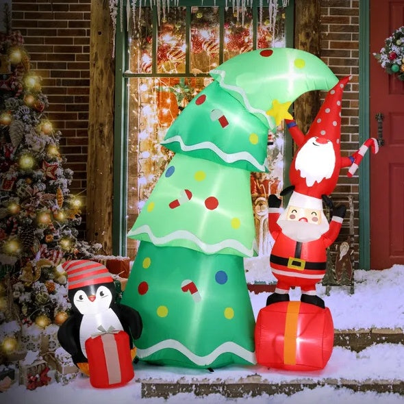 Topsy-Turvy Christmas Tree with Gnome, Santa & Penguin LED Inflatable