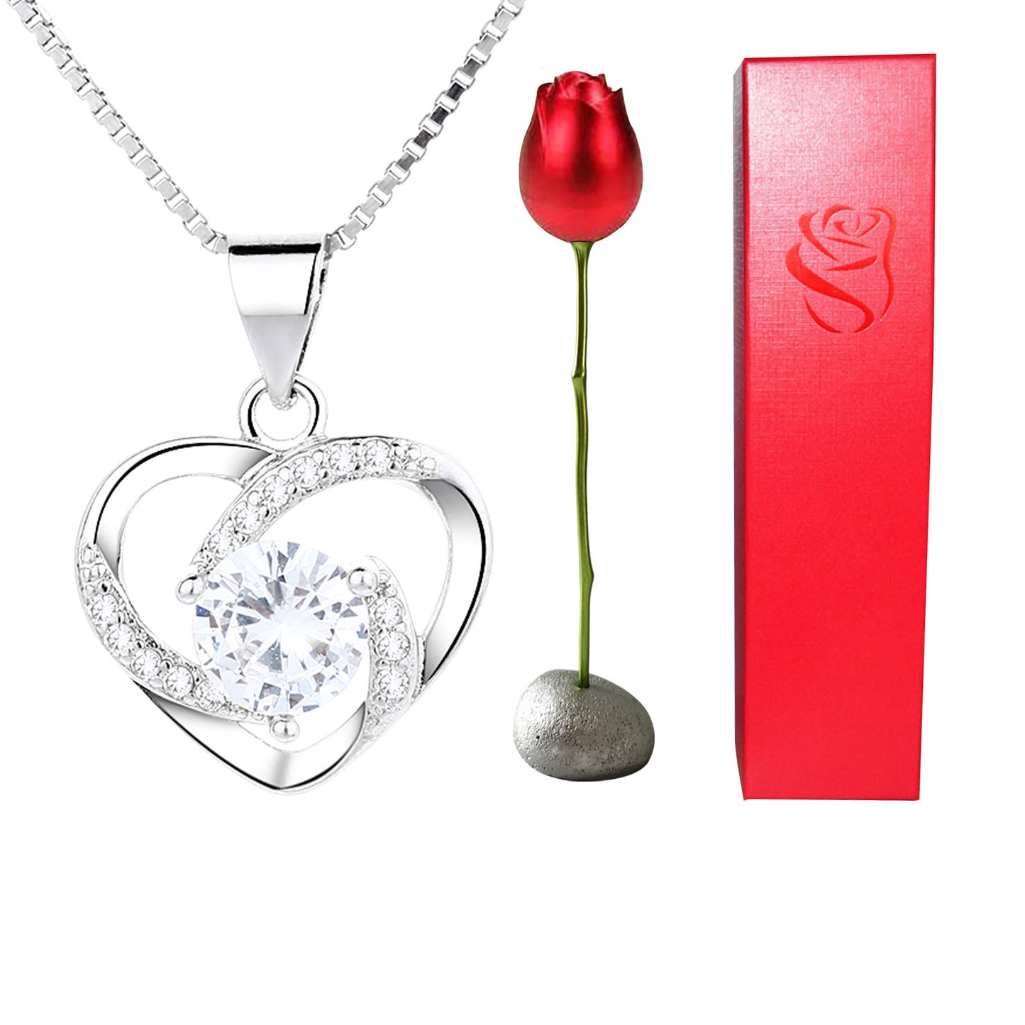 Heart Shaped Crystal Diamond Pendant Rose Head Necklace