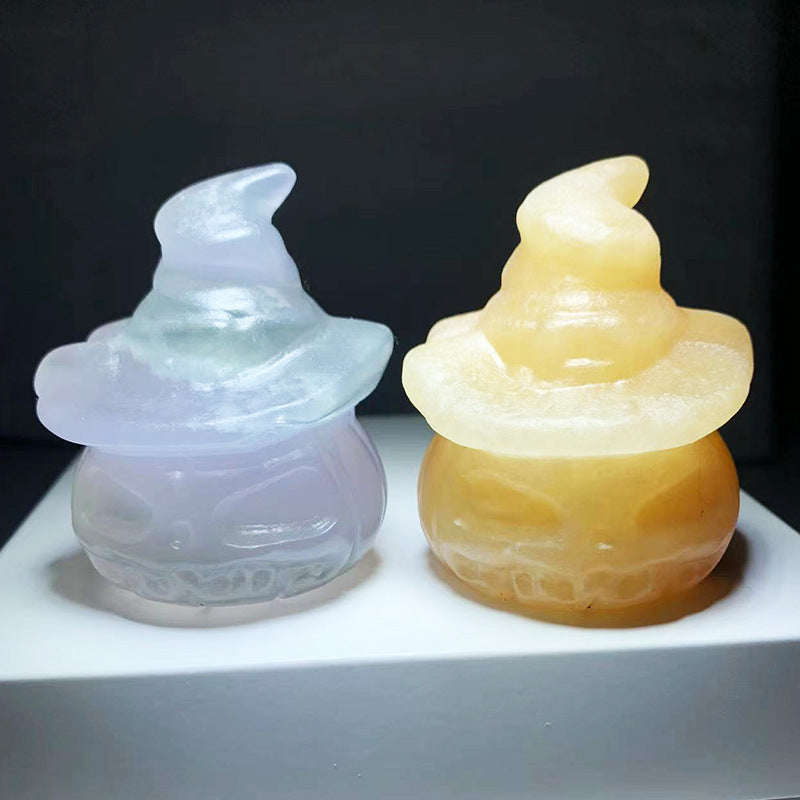 Natural Stone Carved Pumpkin w/Witch Hat