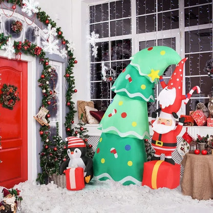 Topsy-Turvy Christmas Tree with Gnome, Santa & Penguin LED Inflatable