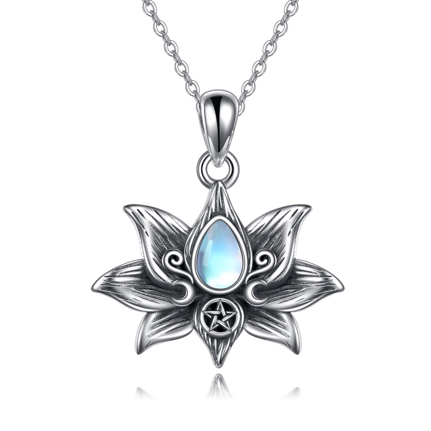 Triple Moon Goddess & Lotus Pendant with Moonstone Sterling Silver Necklace