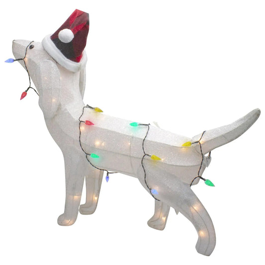 Illuminated Christmas Dog Decor – White Pup with Santa Hat
